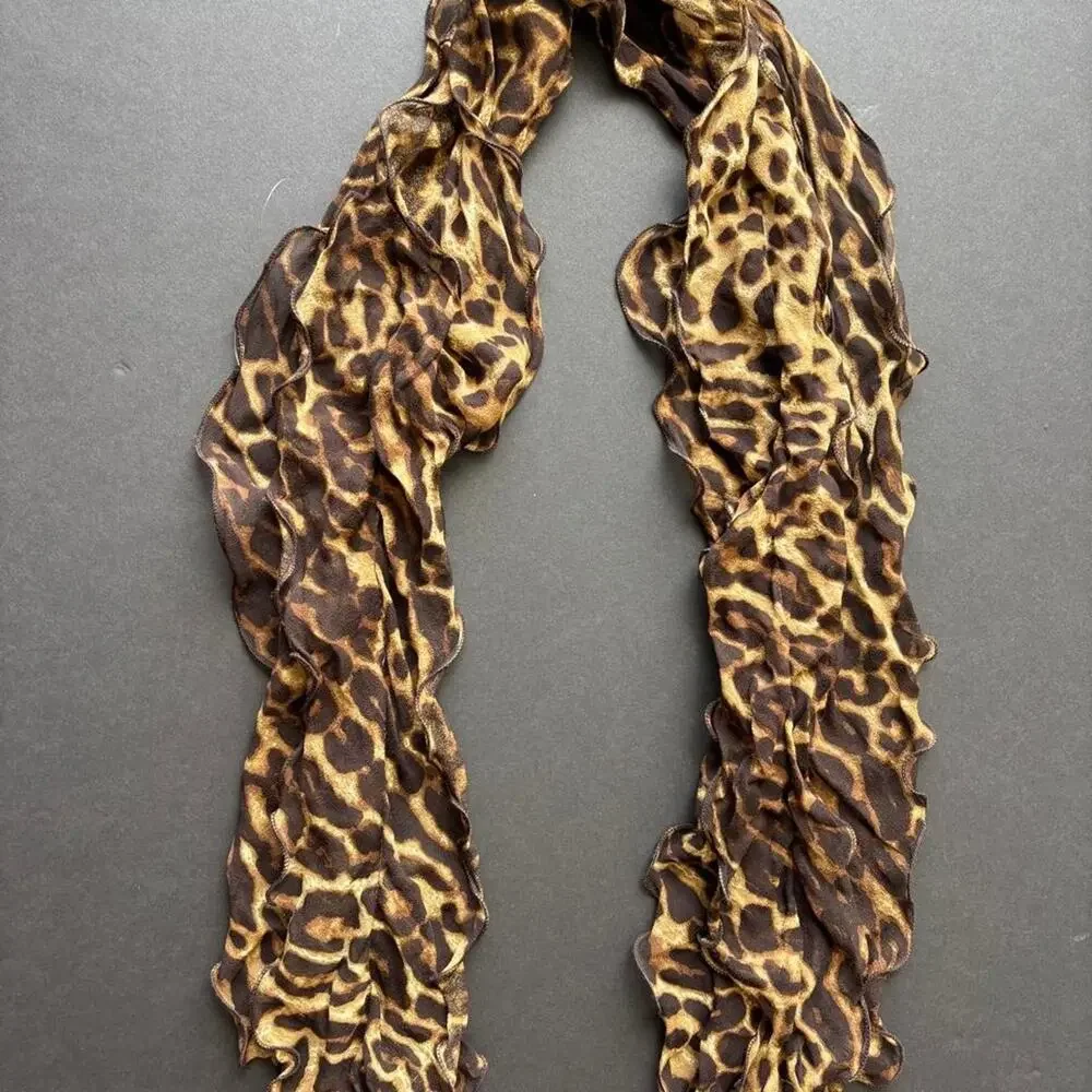 Vintage 100% Silk Sheer Leopard Print Ruffle Scarf